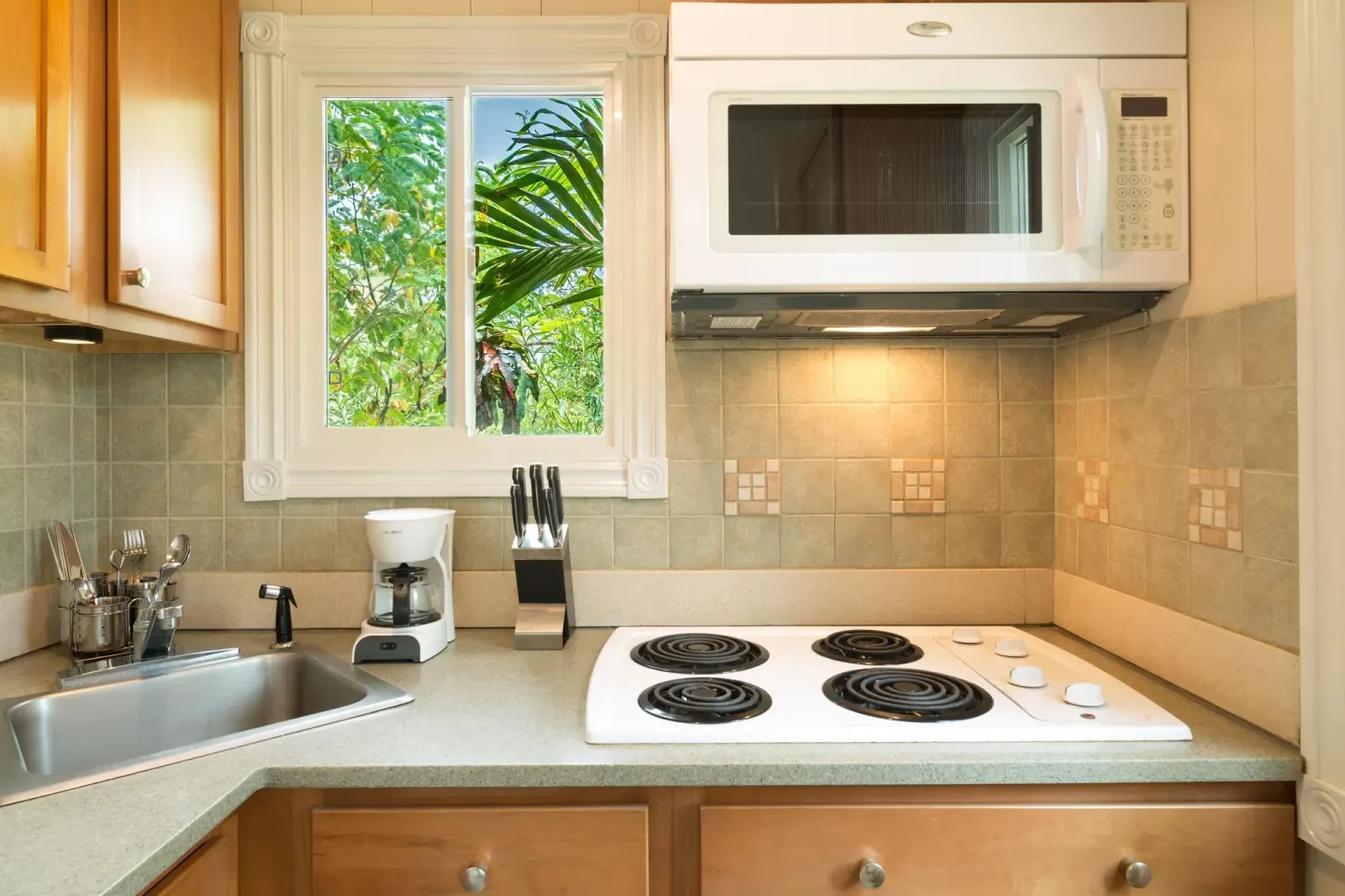 Guest room kitchen counter with cooktop and microwave at Kokomo Botanical Resort.