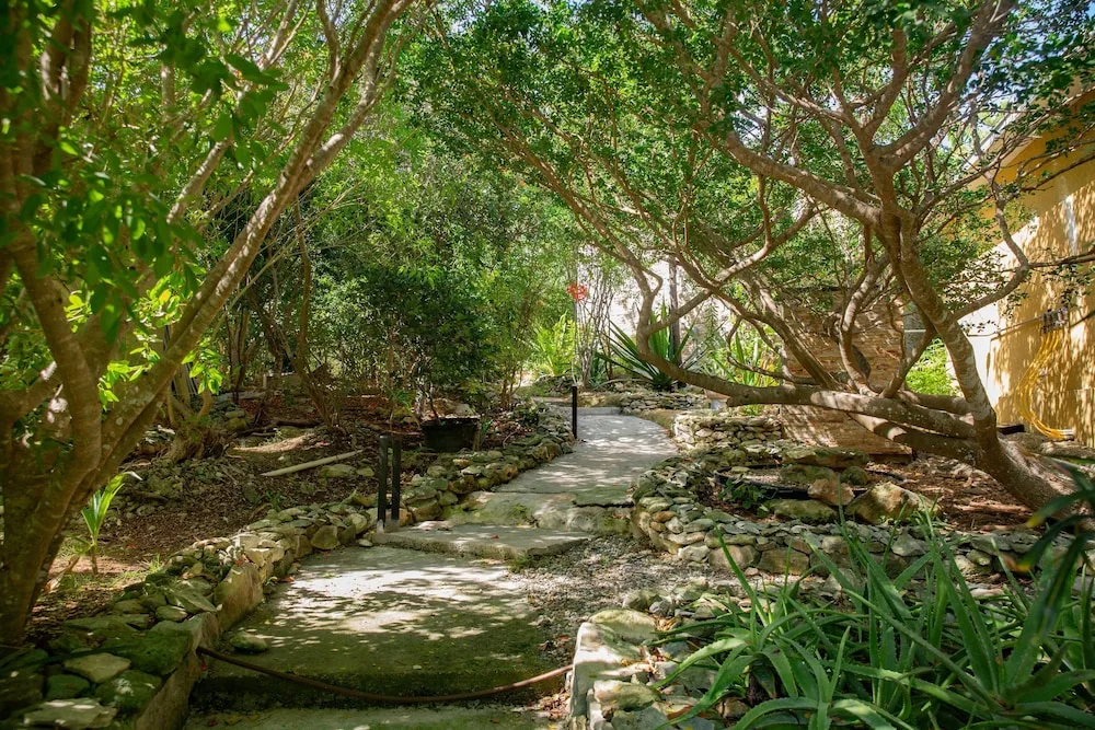 Curving garden walkway under trees at Kokomo Botanical Resort.