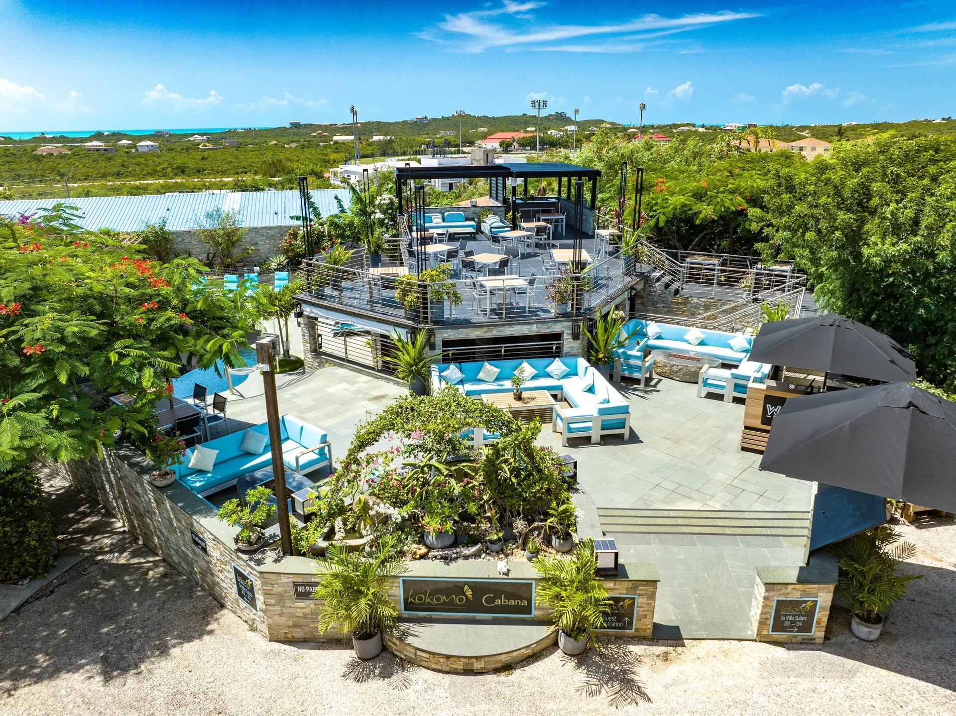 Aerial view of lounge seating and SkyDeck bar at Kokomo Botanical Resort.