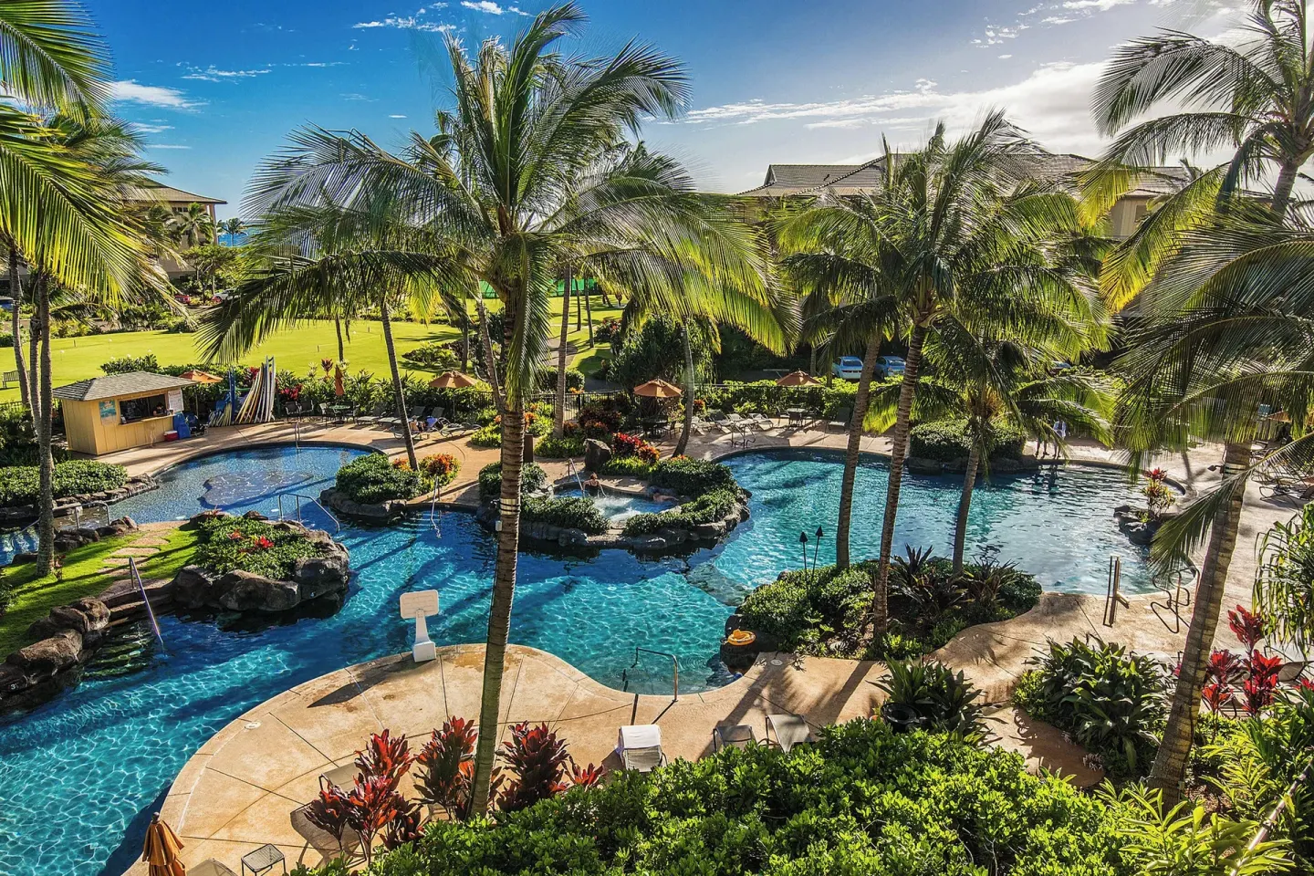 Elevated view of pools, palms, and landscaped paths at Koloa Landing Resort at Poipu.