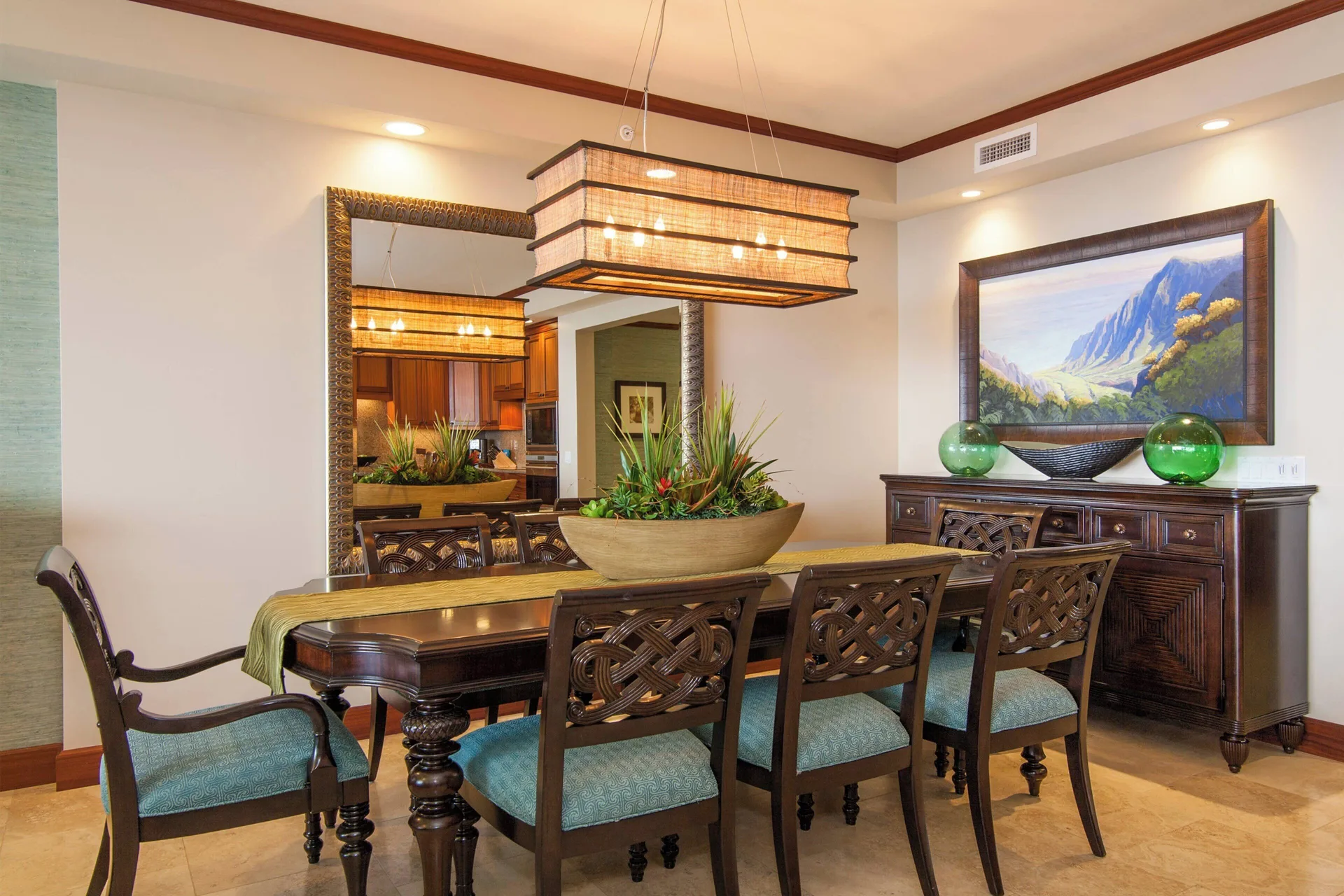 Dining table and tropical decor in a suite at Koloa Landing Resort at Poipu.