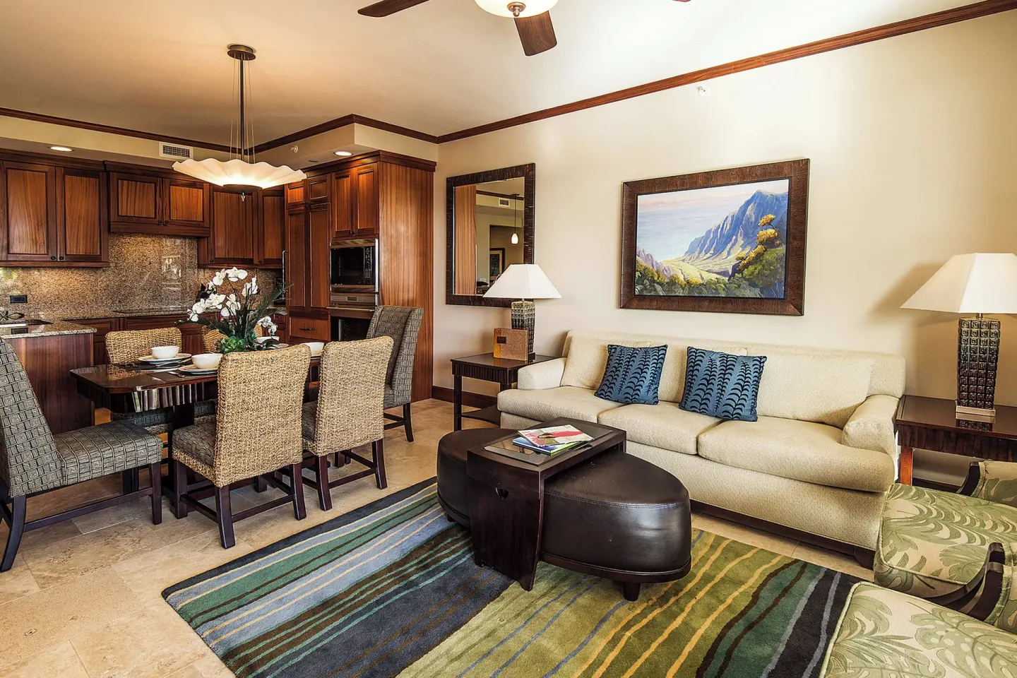 Suite living and dining area with kitchen at Koloa Landing Resort at Poipu.