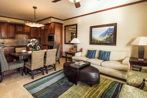 Suite living and dining area with kitchen at Koloa Landing Resort at Poipu.