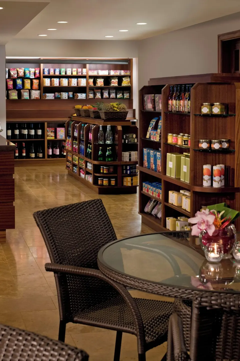 Market shelves and cafe seating at Gourmet Marketplace at Koloa Landing Resort at Poipu.