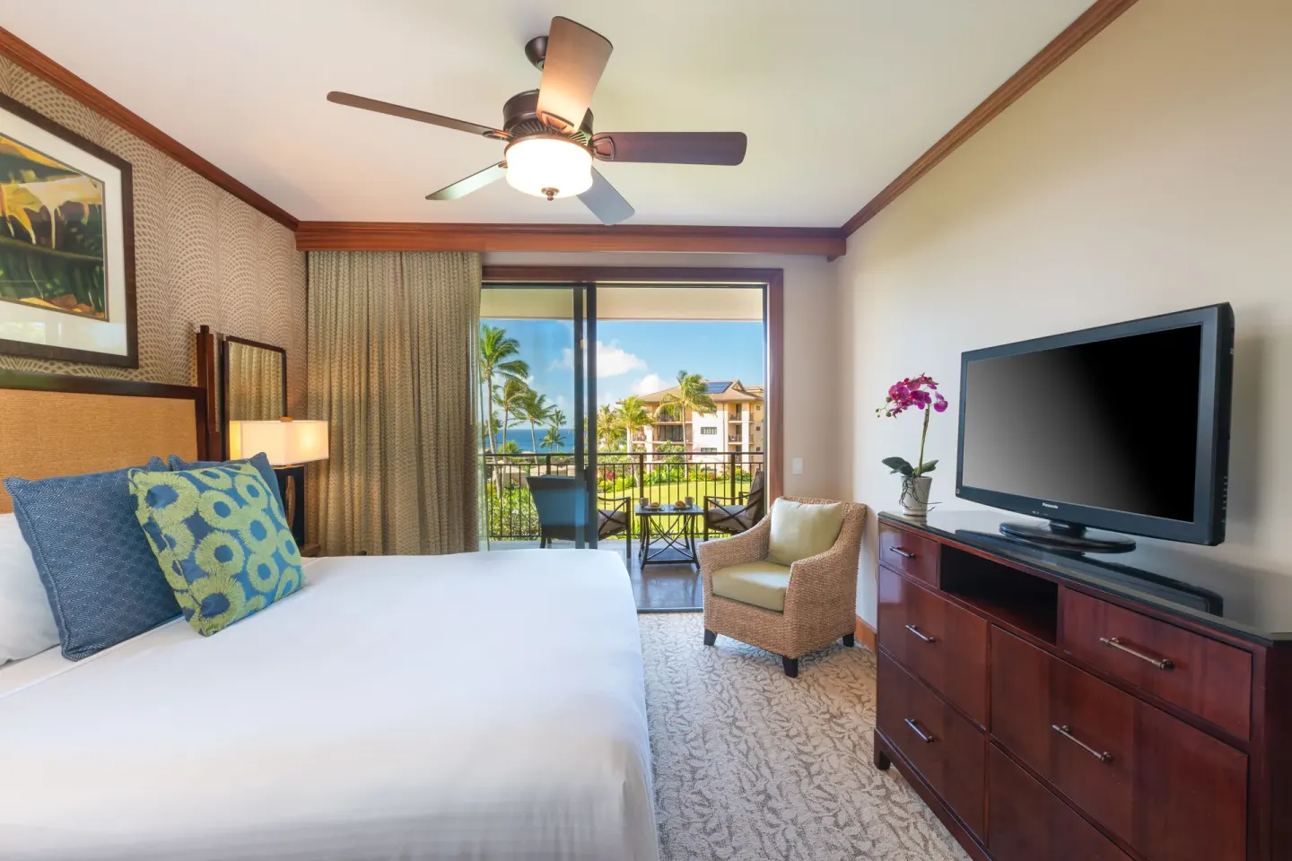 One-Bedroom Villa king bedroom with lanai at Koloa Landing Resort at Poipu.