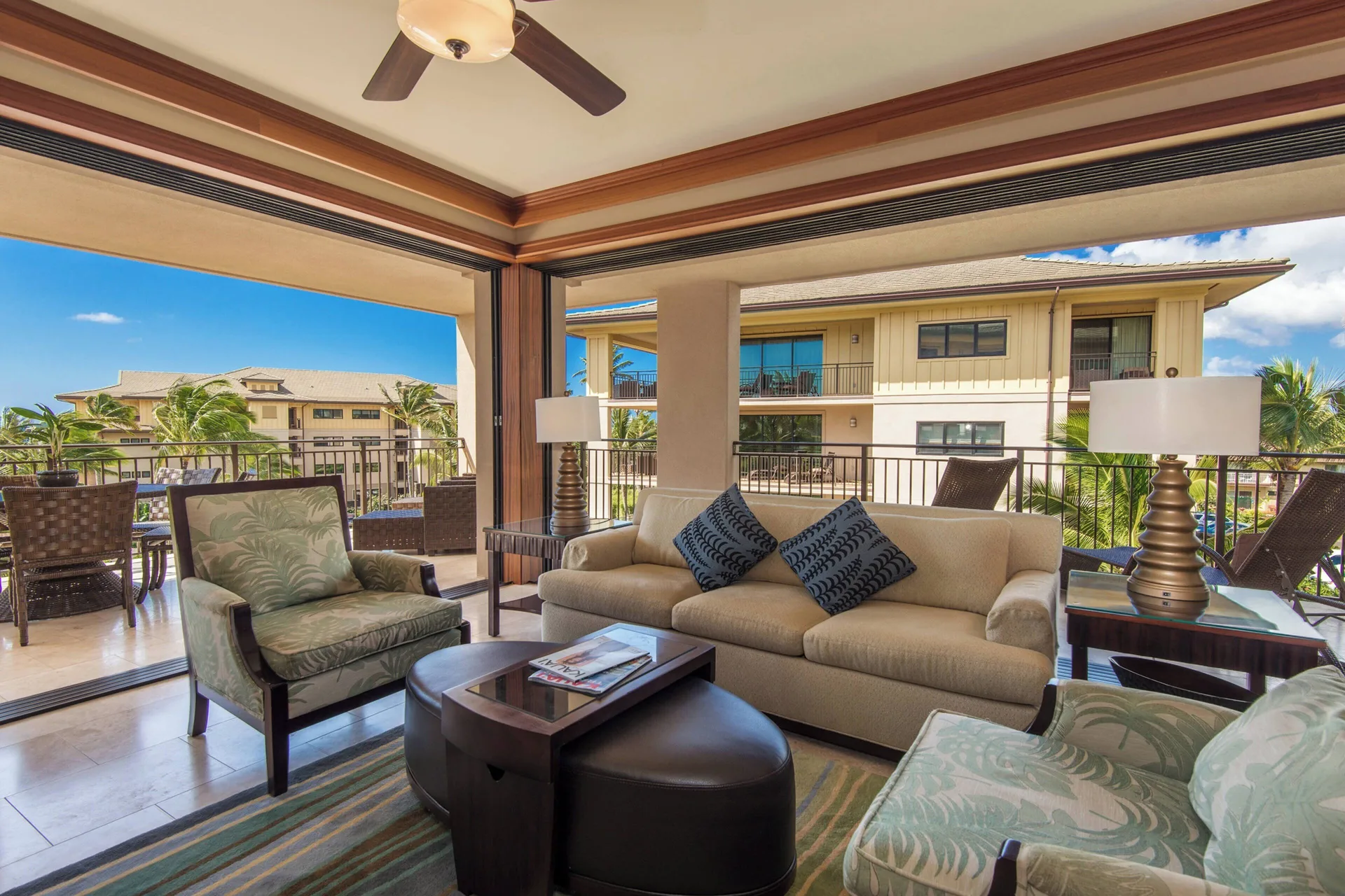 Penthouse living room at Koloa Landing Resort at Poipu with premium finishes, spacious layout, and accessible design in Kauai.