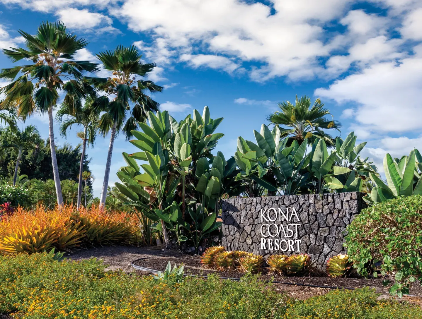Kona Coast Resort stone sign is surrounded by palms, flowers, and tropical plants.