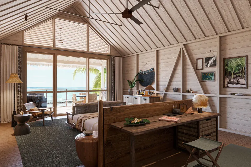 Beach Room Front Hale interior with a bed, vaulted ceiling, and ocean-facing lanai at Kona Village.