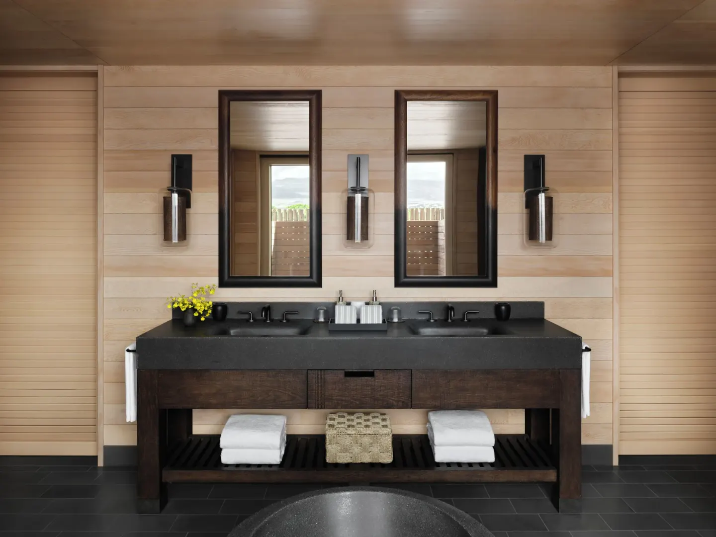 Mountain View One Bedroom Kauhale bathroom double vanity at Kona Village.