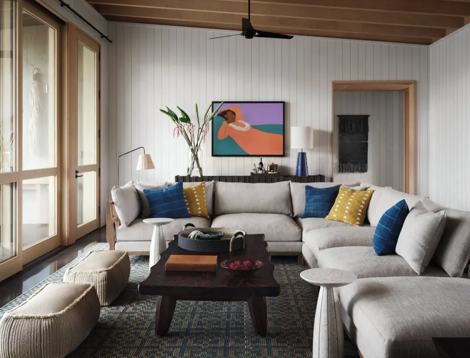 Living room seating in the Ohana Pool Accessible Four Bedroom Kauhale at Kona Village.
