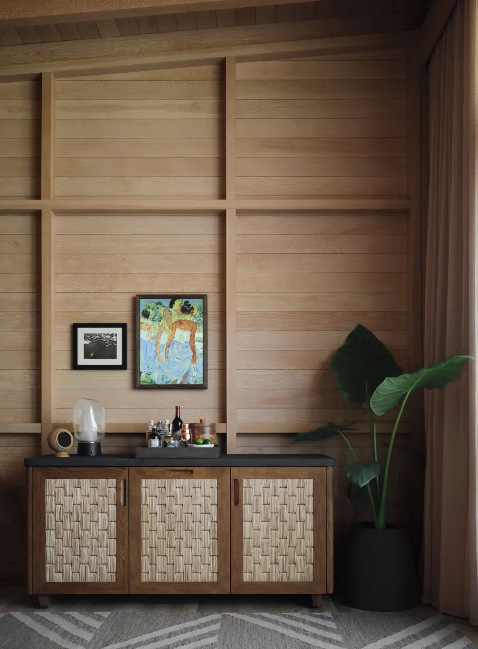 Tree Top Hale refreshment cabinet and wood-paneled wall at Kona Village.