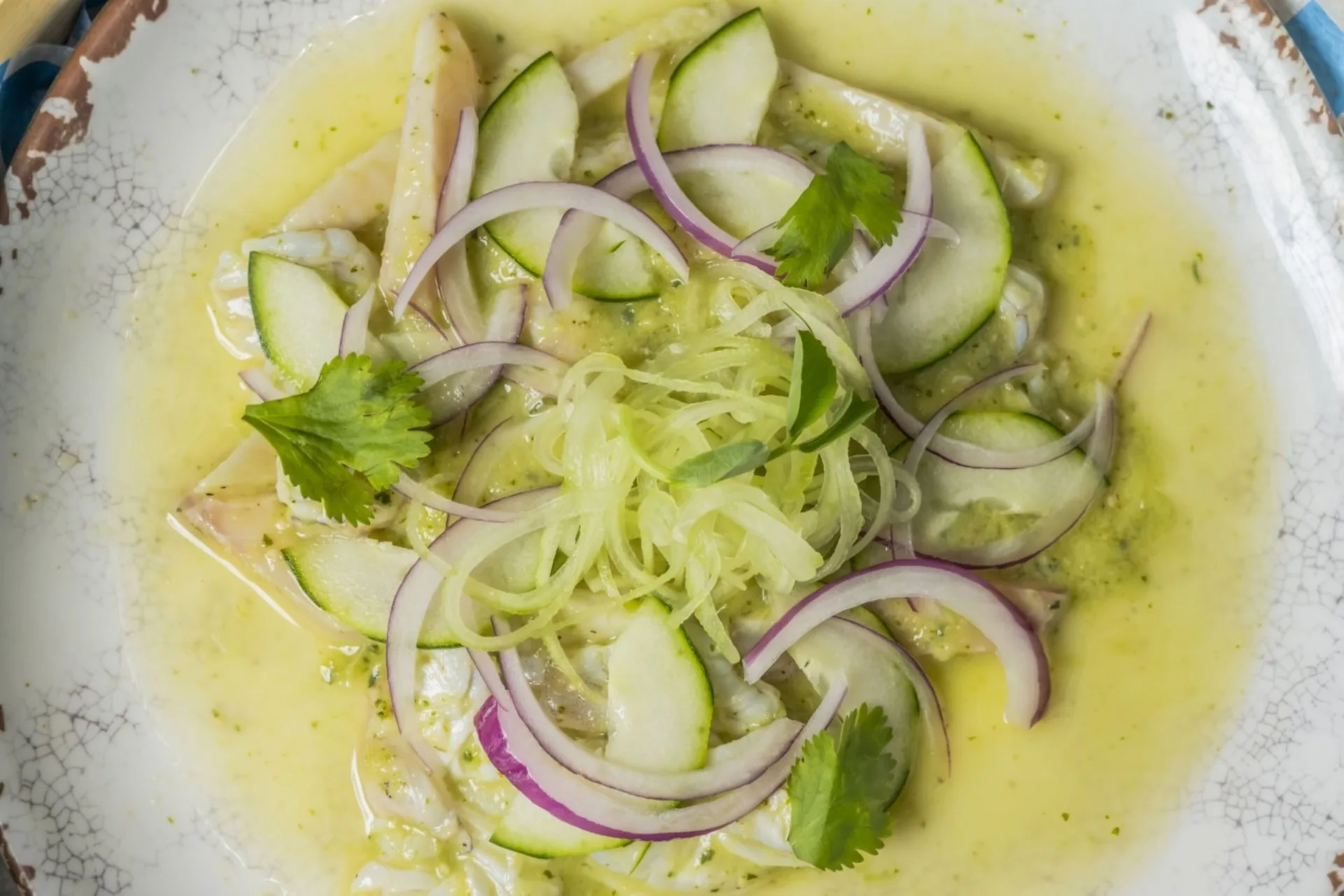 Close-up of seafood dish with cucumber, onion, and cilantro at Krystal Cancun.