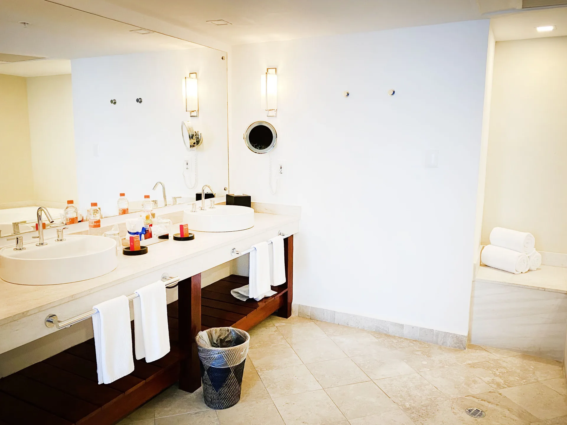 Altitude Corner Suite at Krystal Grand Cancun with modern bathroom vanity and upscale finishes in Cancun's Hotel Zone.