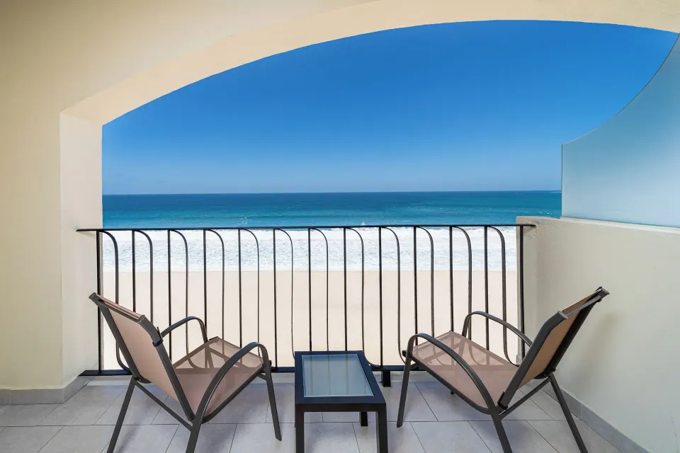 Altitude Junior Suite Ocean Front balcony with ocean view at Krystal Grand Los Cabos.