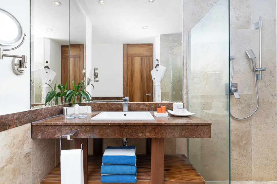 Altitude Junior Suite Ocean Front bathroom vanity at Krystal Grand Los Cabos.