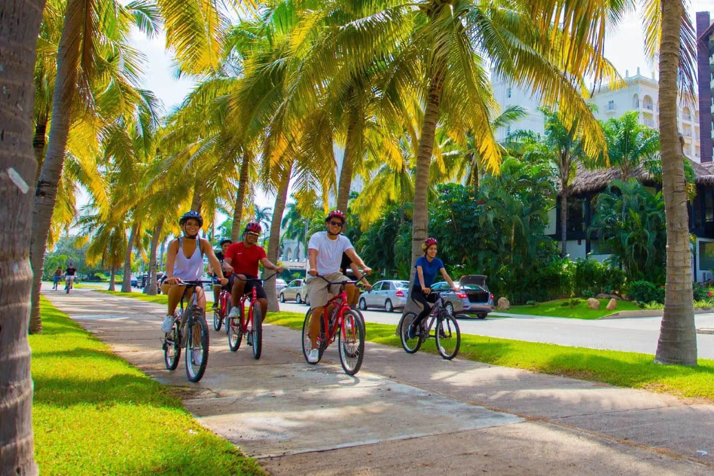 Guests ride bicycles on a palm-lined path near Krystal Grand Nuevo Vallarta.