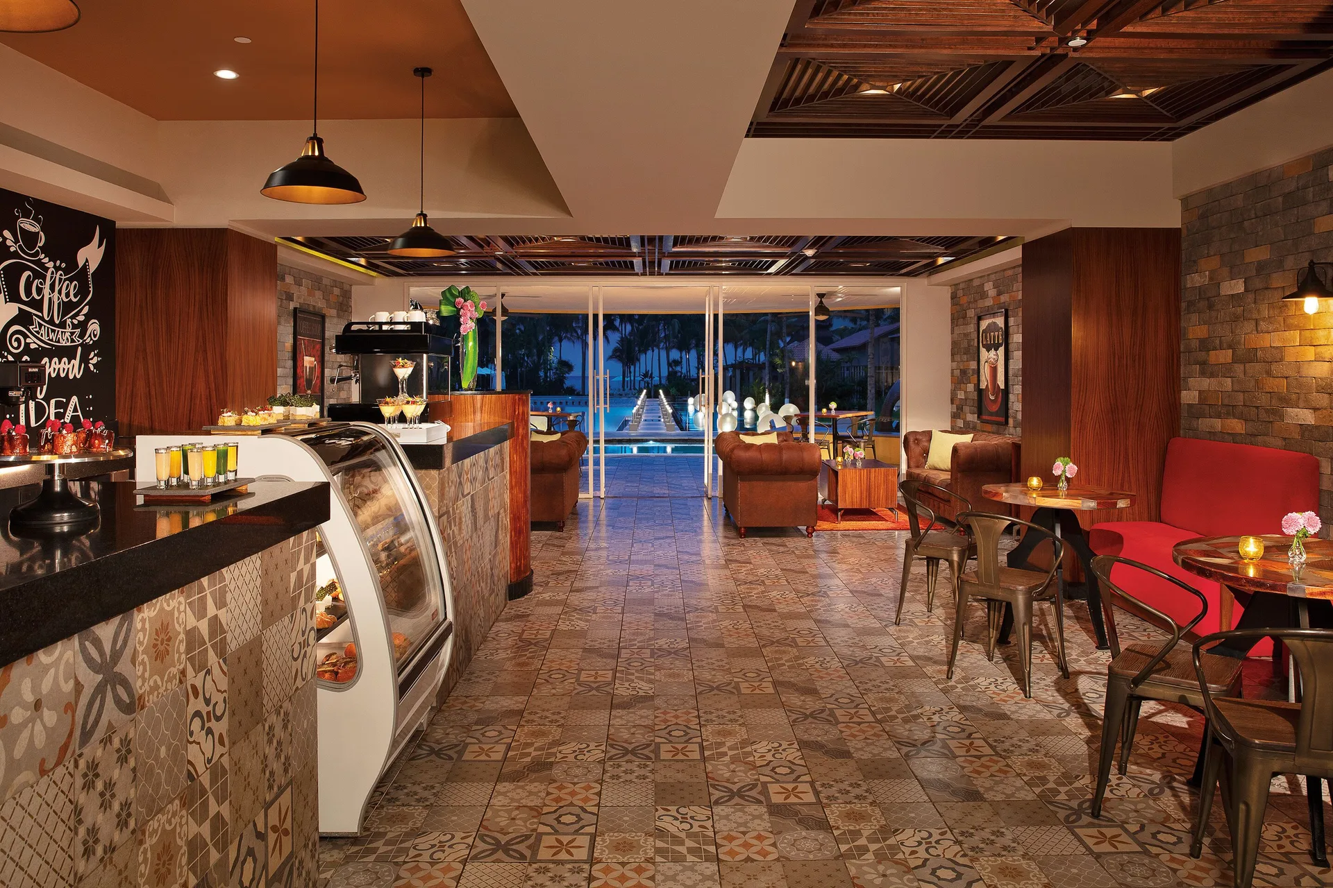 Cafe counter and lounge seating at Krystal Grand Nuevo Vallarta.