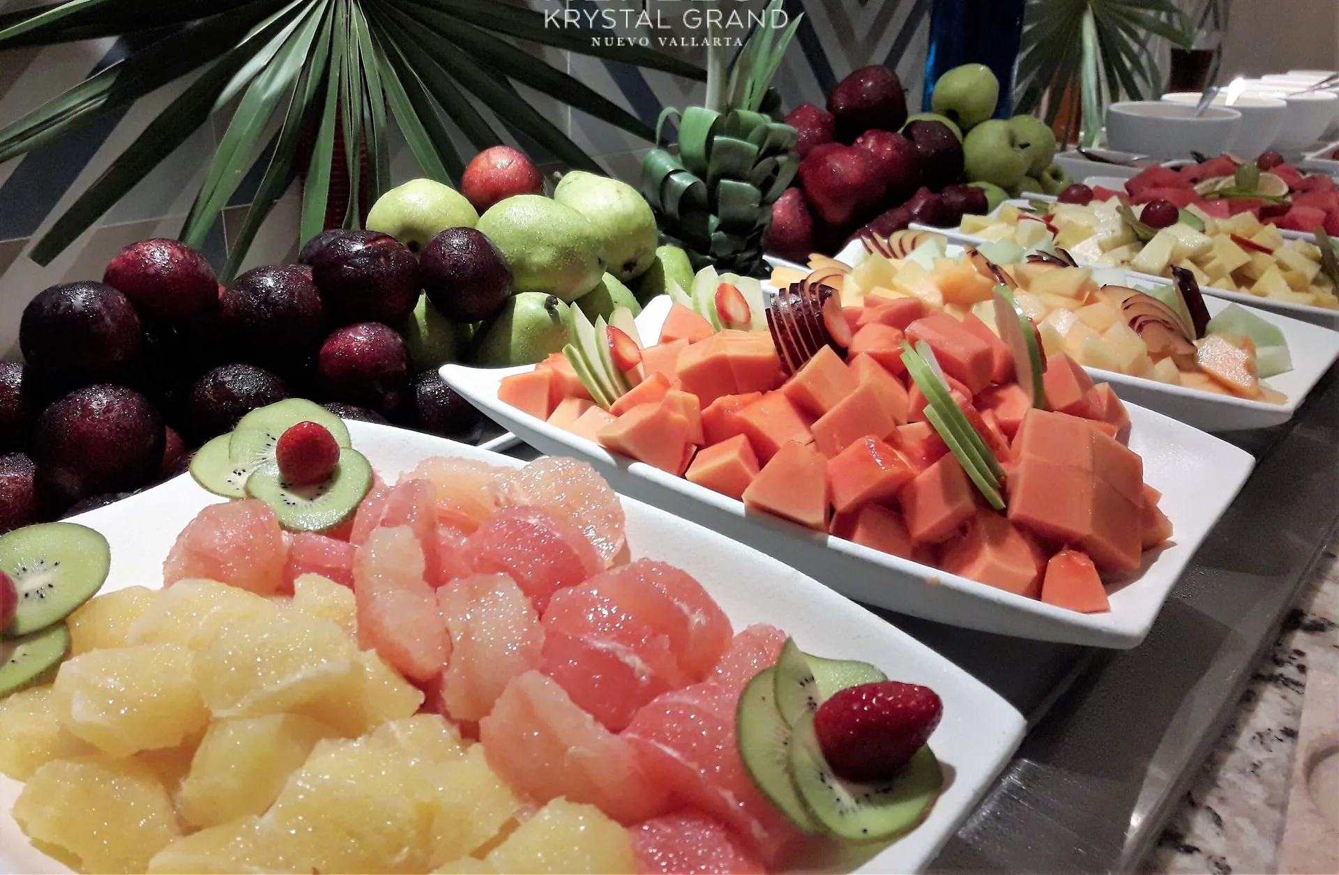 Fresh fruit buffet display at Krystal Grand Nuevo Vallarta.