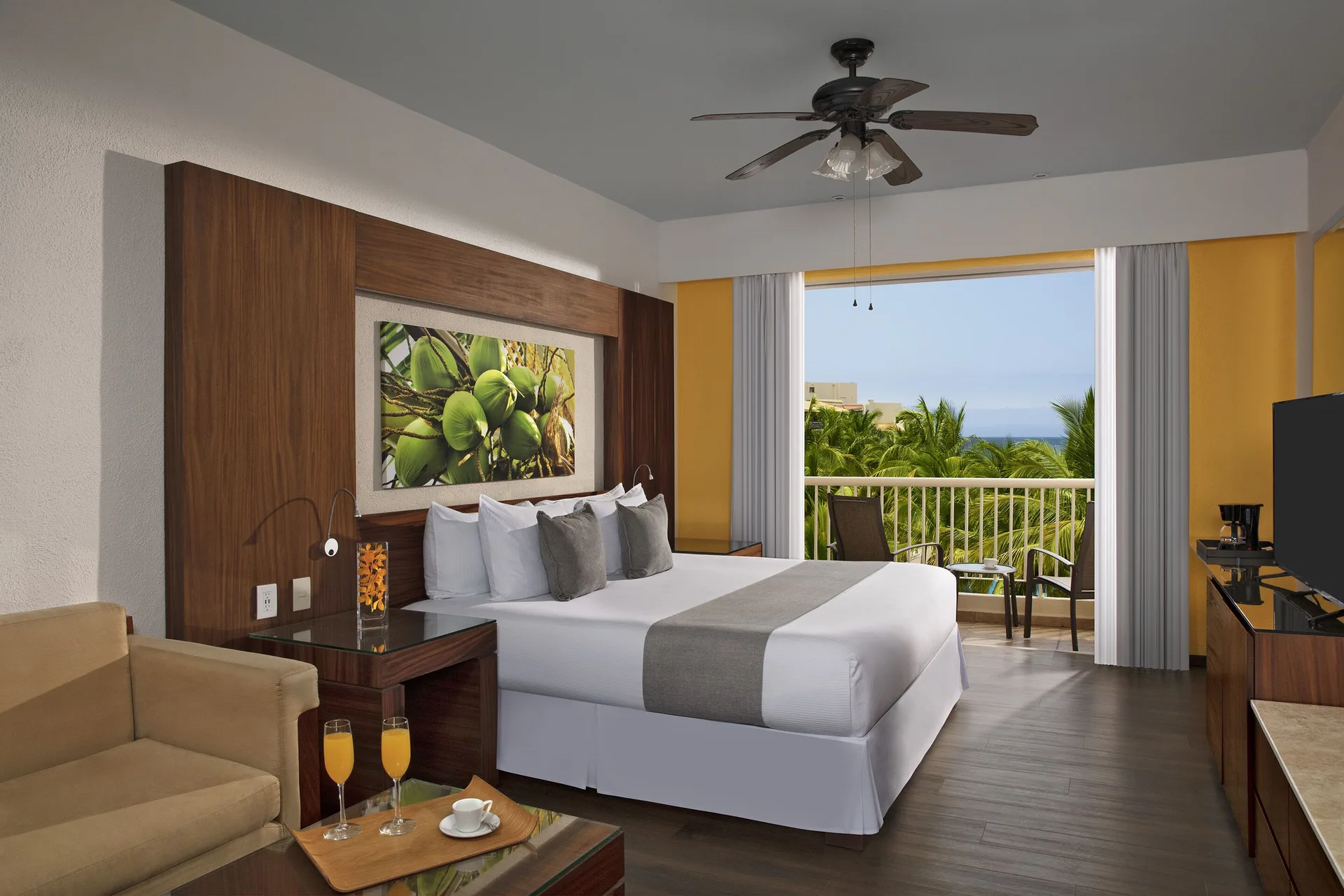 Deluxe Ocean View king room with balcony at Krystal Grand Nuevo Vallarta.