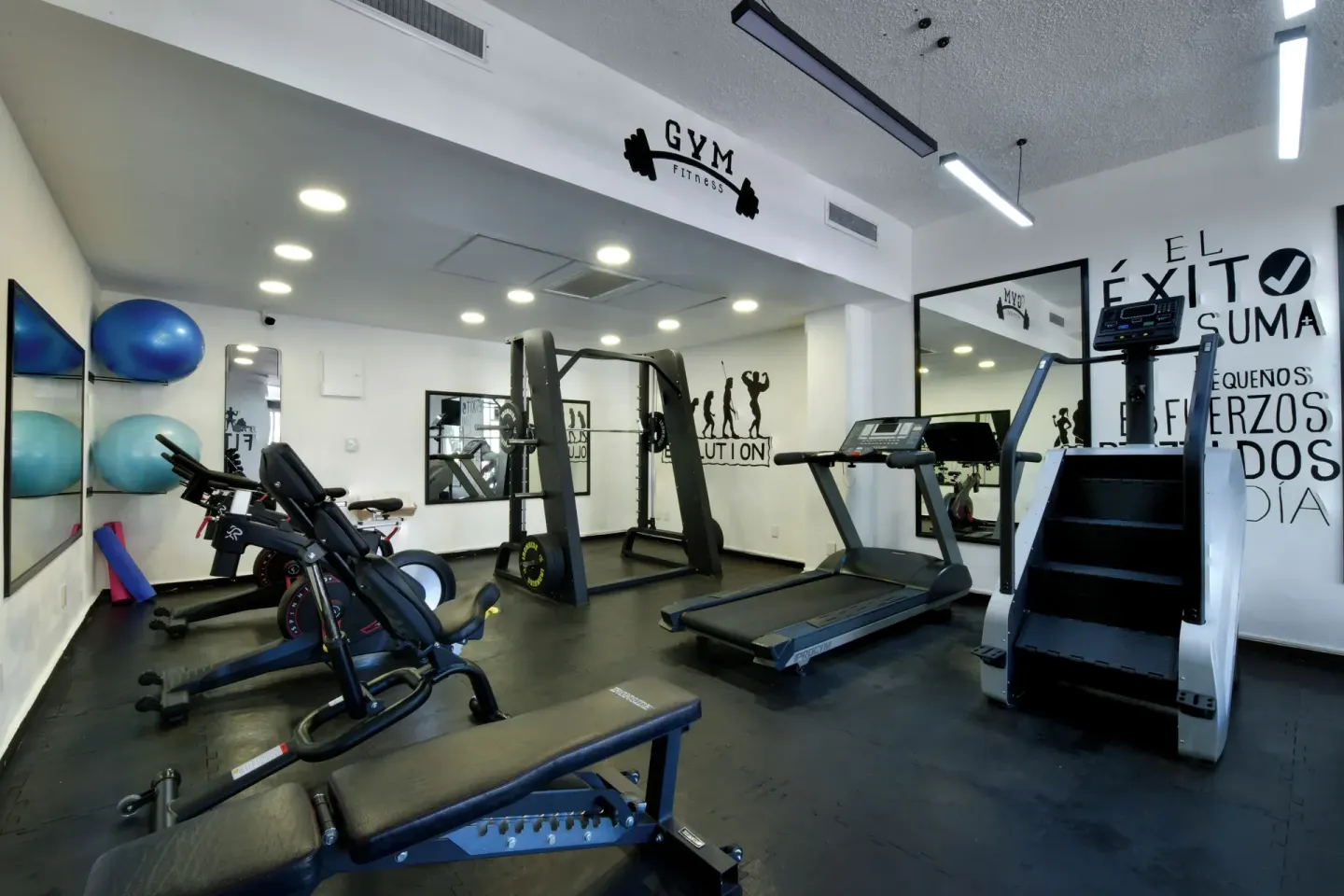 Fitness room with treadmills, exercise bikes, weights, and stability balls at Krystal Ixtapa.