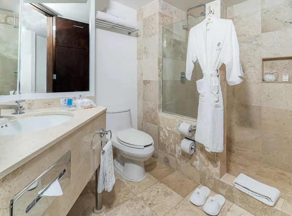 Standard Room Garden View bathroom with vanity, toilet and shower at Krystal Ixtapa.