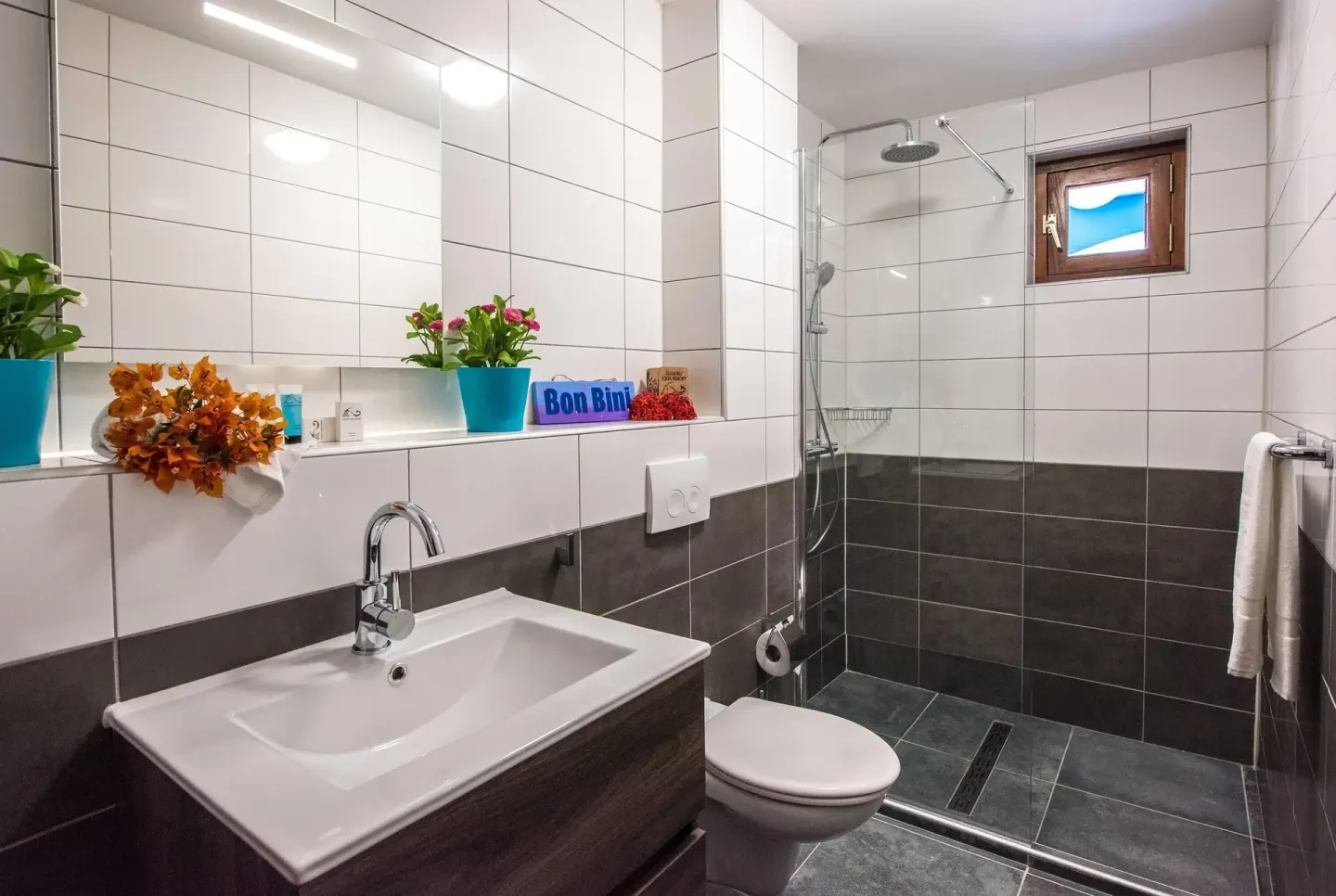 Bathroom with vanity, toilet, and glass shower at Kunuku Resort Curacao.