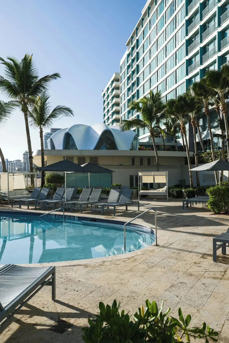 Pool deck with lounge chairs and resort tower at La Concha Resort, Puerto Rico.