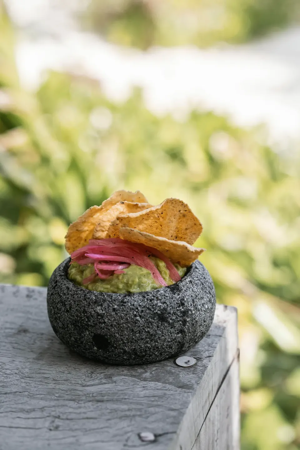 Stone mortar with guacamole topped with chips and pickled onions at La Valise Tulum