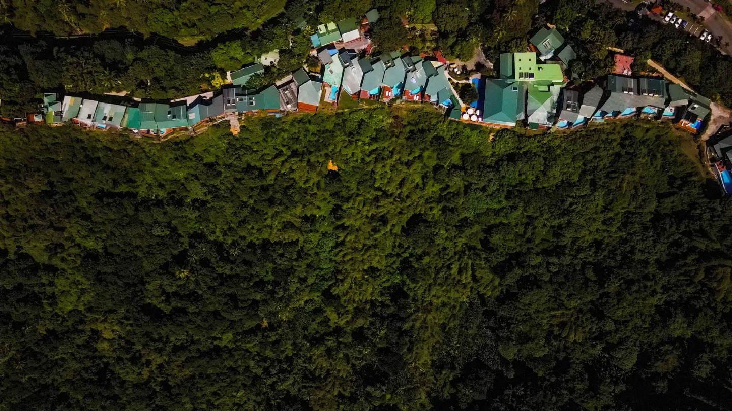 Aerial view of green-roofed buildings surrounded by forest at Ladera Resort.