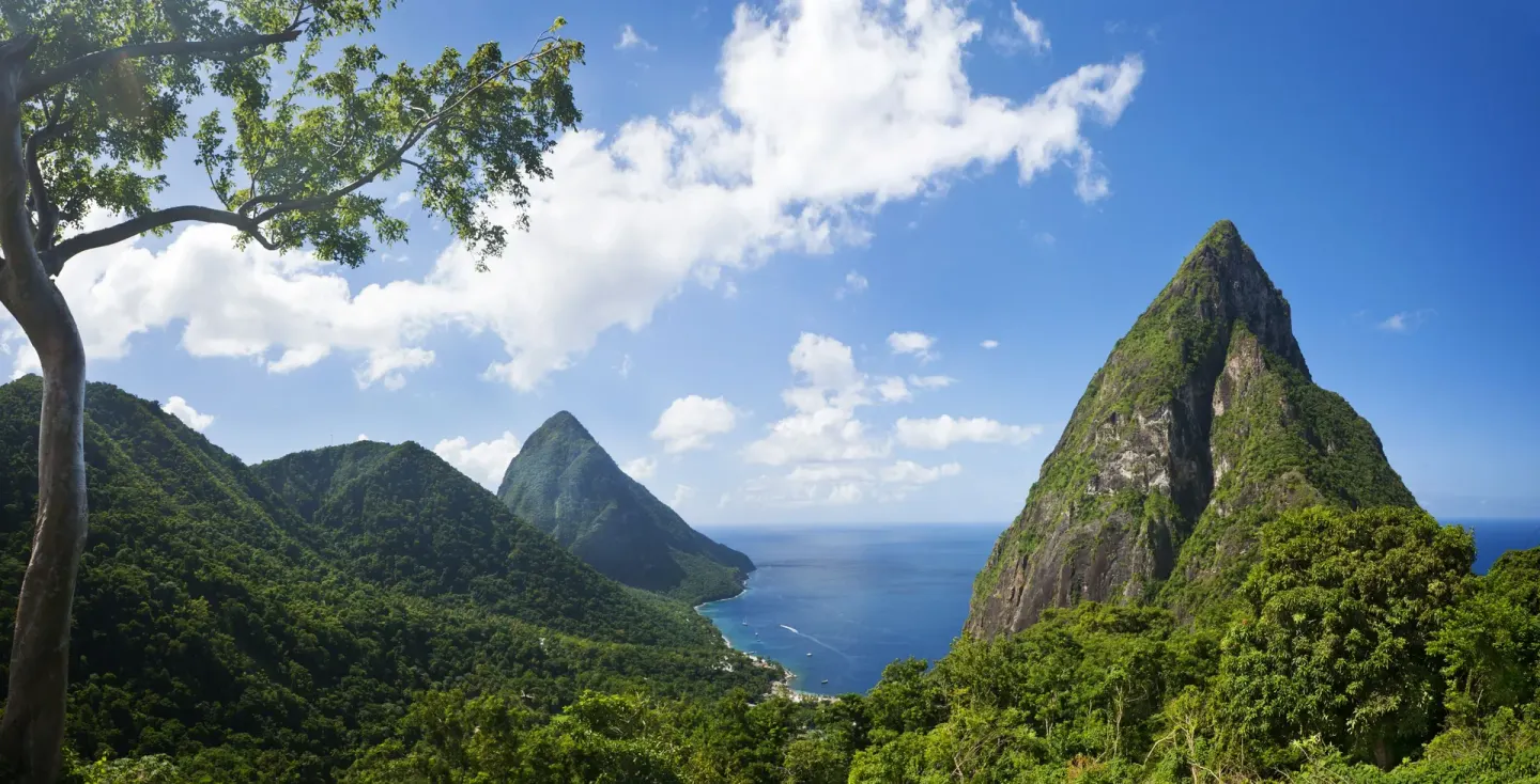 Panoramic view of the Pitons, forest, and sea from Ladera Resort.