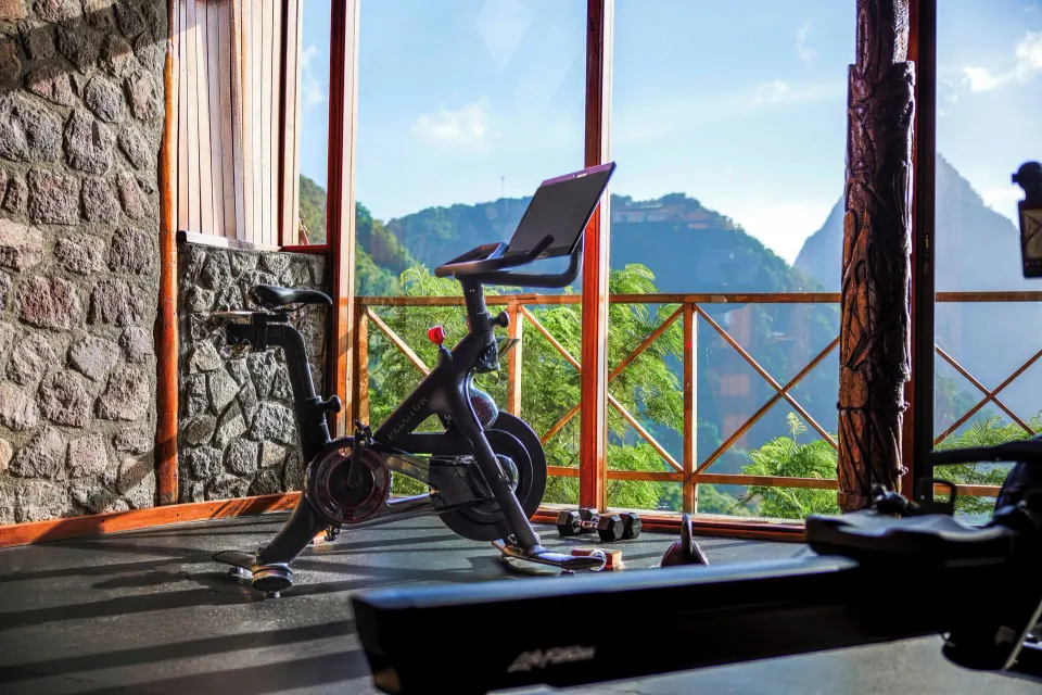 Stationary bike by stone wall and windows with mountain view at Ladera Resort.