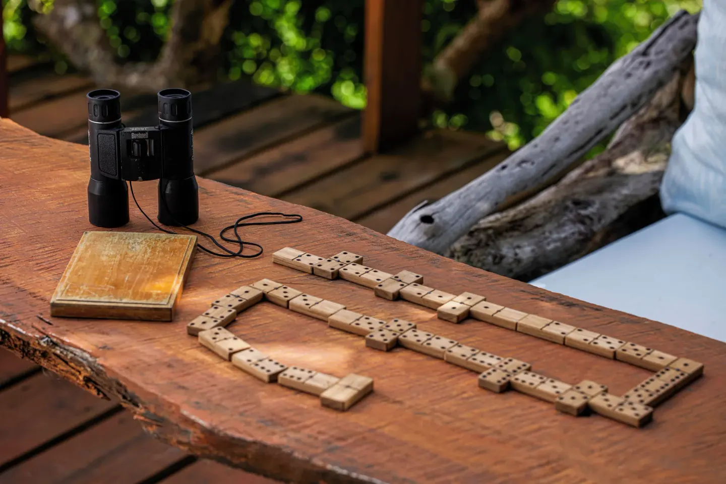 Dominoes, binoculars, and a book sit on a wooden table at Ladera Resort.