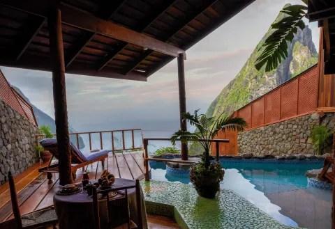 Heritage Suite plunge pool terrace with mountain and sea view at Ladera Resort.