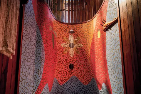 Petit Piton Suite mosaic shower with colorful tilework at Ladera Resort.