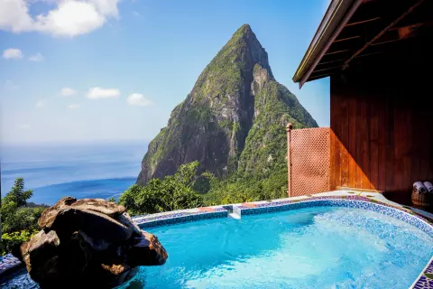 Rainbow Suite private plunge pool with Petit Piton and sea view at Ladera Resort.