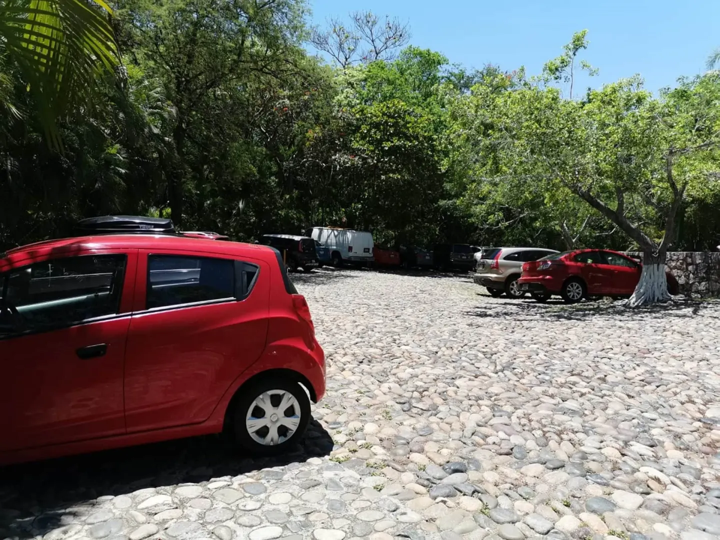 Cars are parked on a cobblestone lot shaded by trees at Las Brisas Ixtapa.