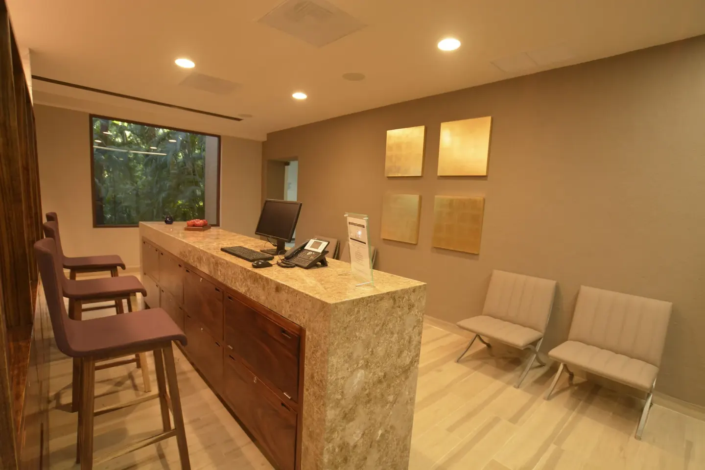 Spa reception desk with seating and a window to greenery at Las Brisas Ixtapa.