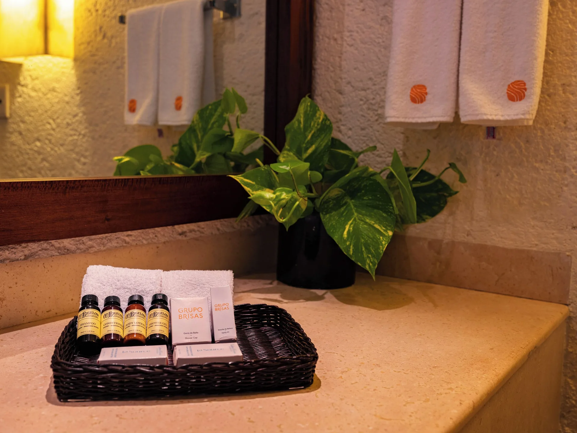 Deluxe Grand Bed bathroom amenities on the vanity at Las Brisas Ixtapa.