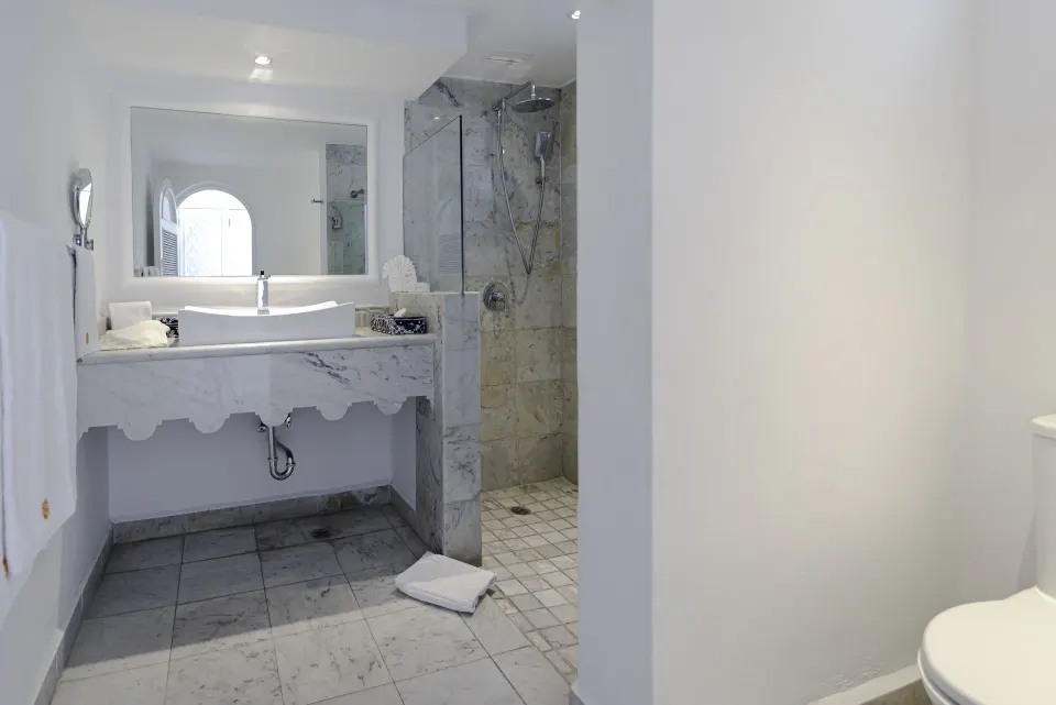 Deluxe Room bathroom with vanity, walk-in shower and toilet area at Las Hadas.