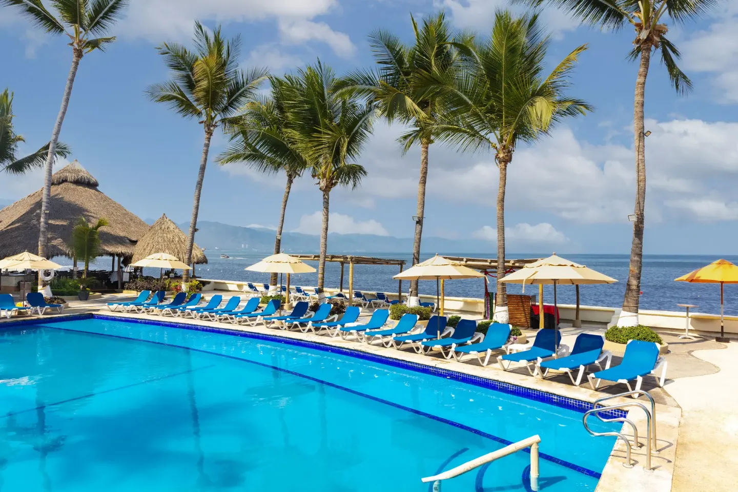 Oceanfront pool lined with blue loungers and palms at Las Palmas by the Sea.