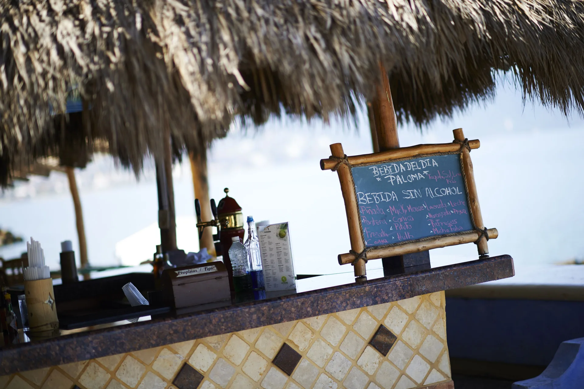 Thatched beach bar counter with a chalkboard menu at Las Palmas by the Sea.