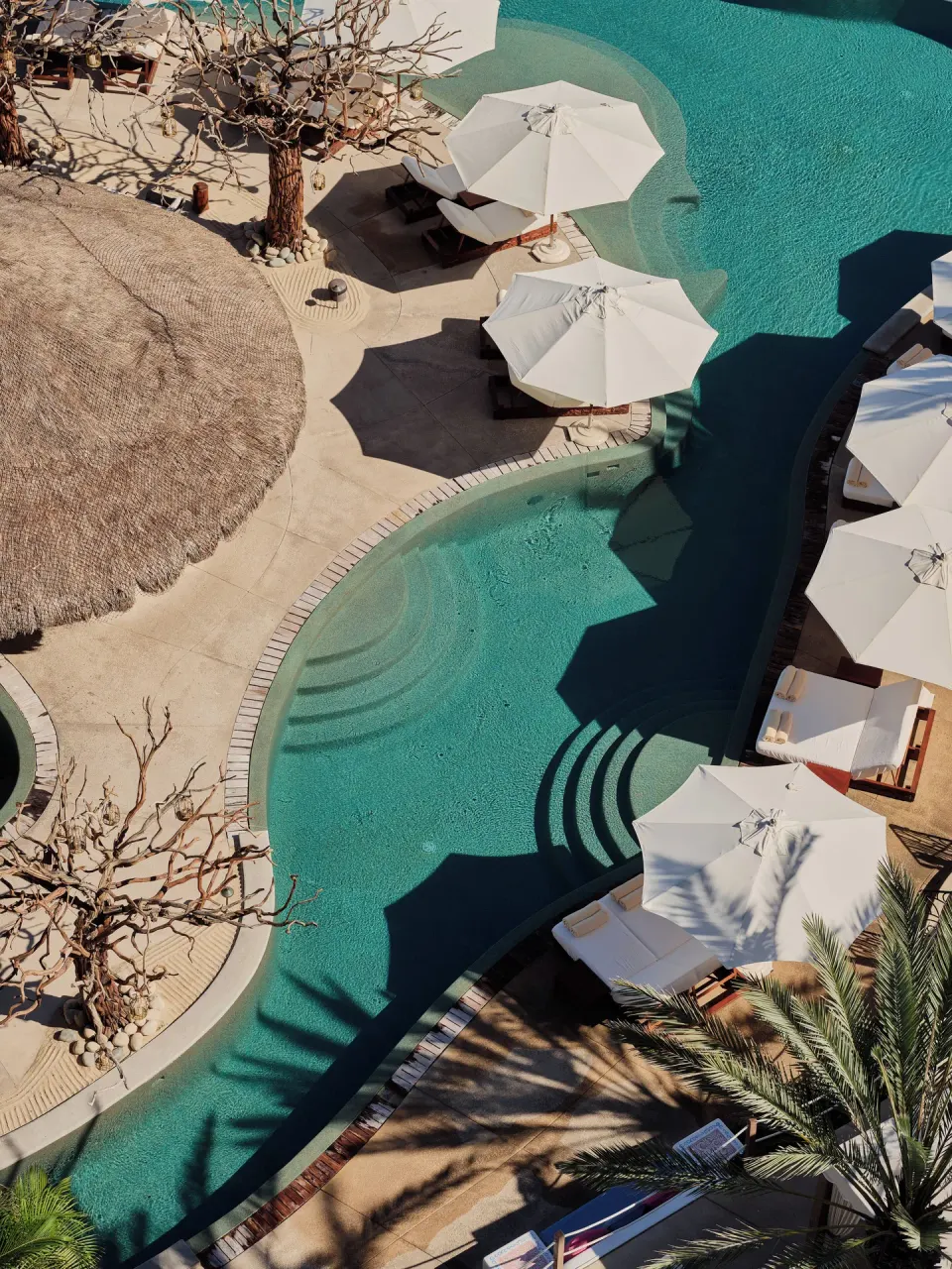 Curving pool with white umbrellas and loungers at Las Ventanas al Paraiso.