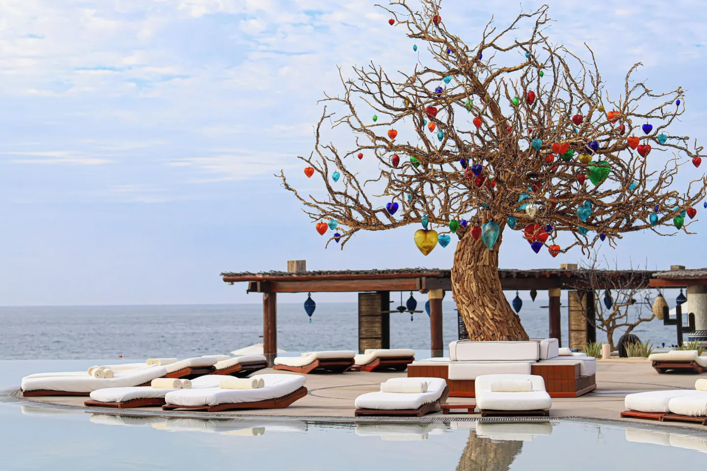Poolside loungers and a heart-decorated tree overlooking the sea at Las Ventanas al Paraiso.