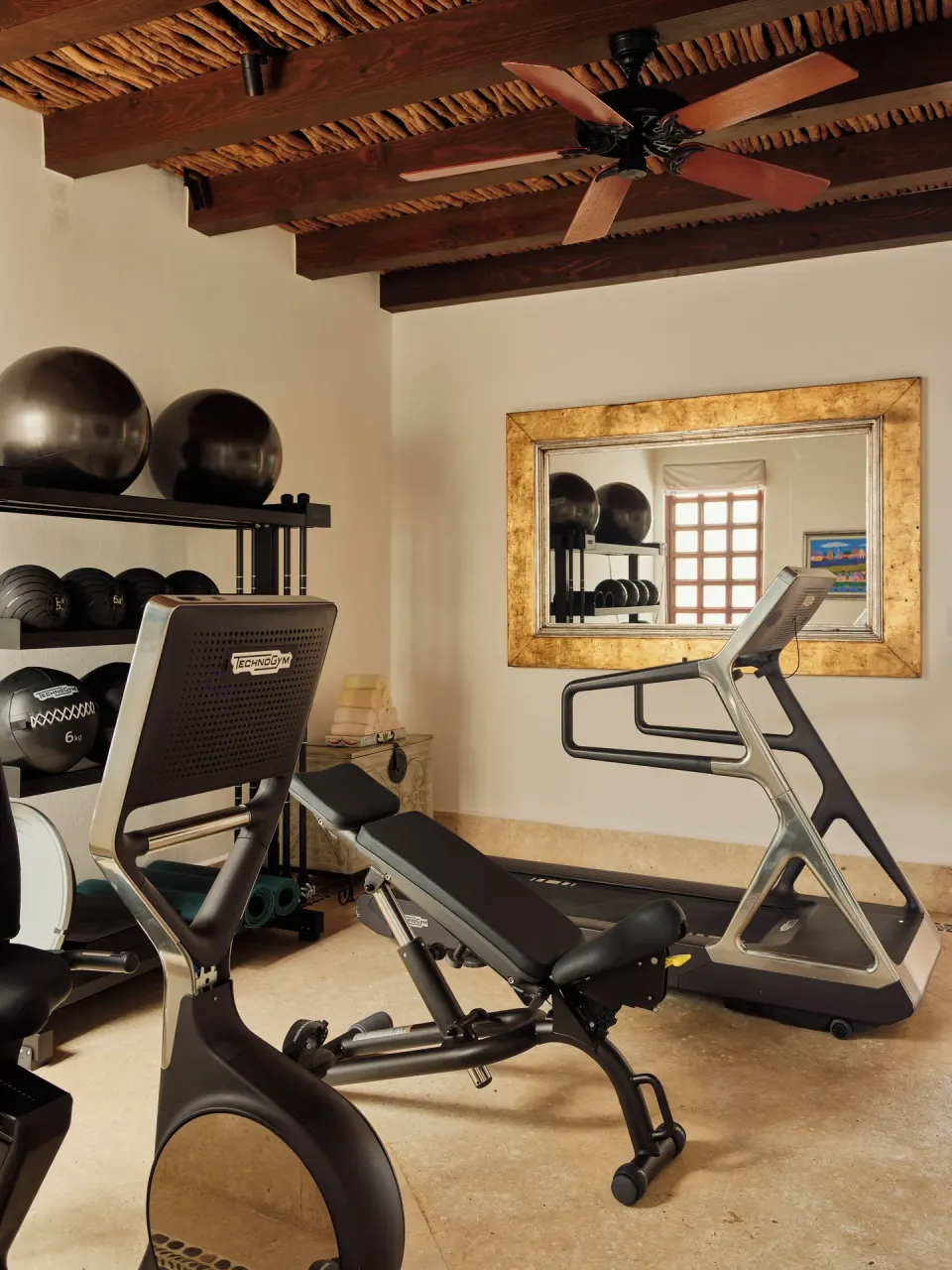 Private fitness room with bike, treadmill, bench, and mirror at Las Ventanas al Paraiso.