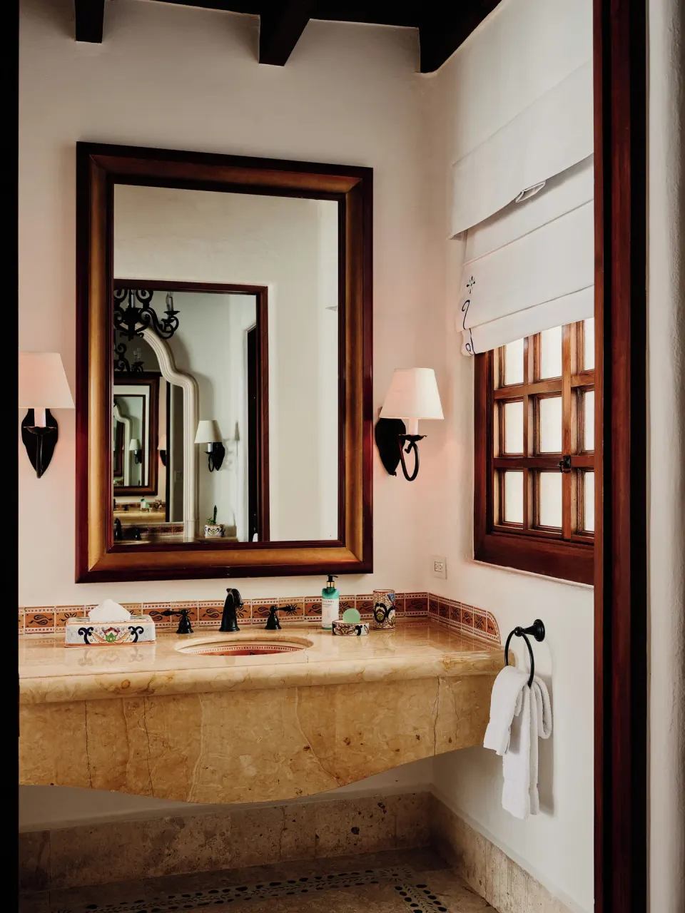 Ocean Front Junior Suite bathroom vanity and mirror at Las Ventanas al Paraiso.