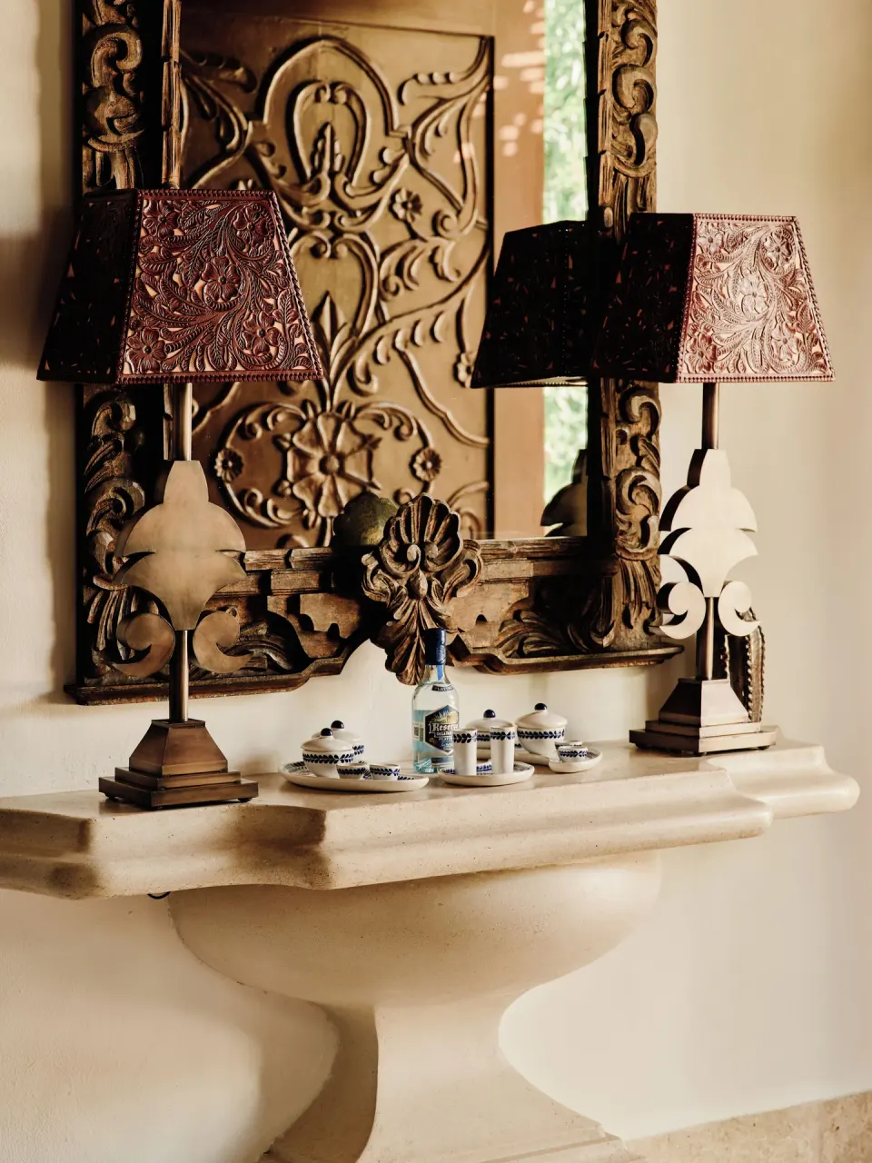 Ocean Front Junior Suite carved mirror and refreshment alcove at Las Ventanas al Paraiso.