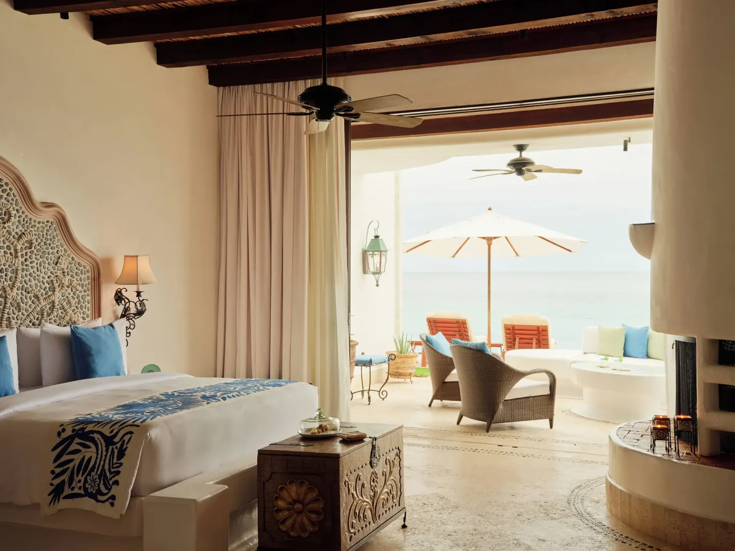 Ocean Front Junior Suite king bed and terrace at Las Ventanas al Paraiso.