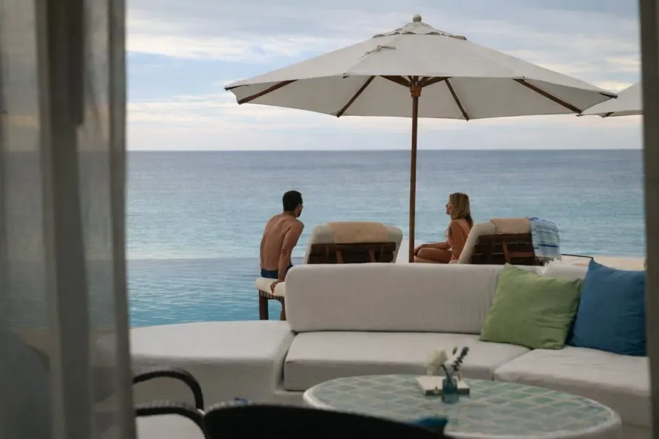 Oceanfront terrace seating and pool edge at Las Ventanas al Paraiso.