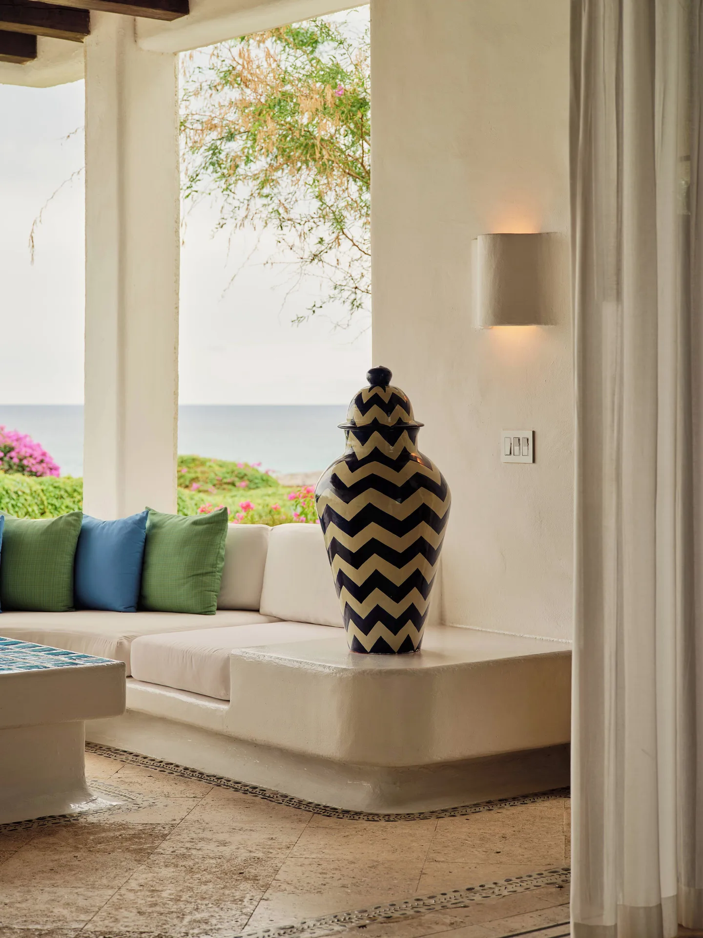 Oceanview Junior Suite terrace seating with ocean beyond at Las Ventanas al Paraiso.