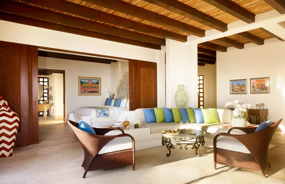 One Bedroom Oceanview Villa living room and bedroom at Las Ventanas al Paraiso.